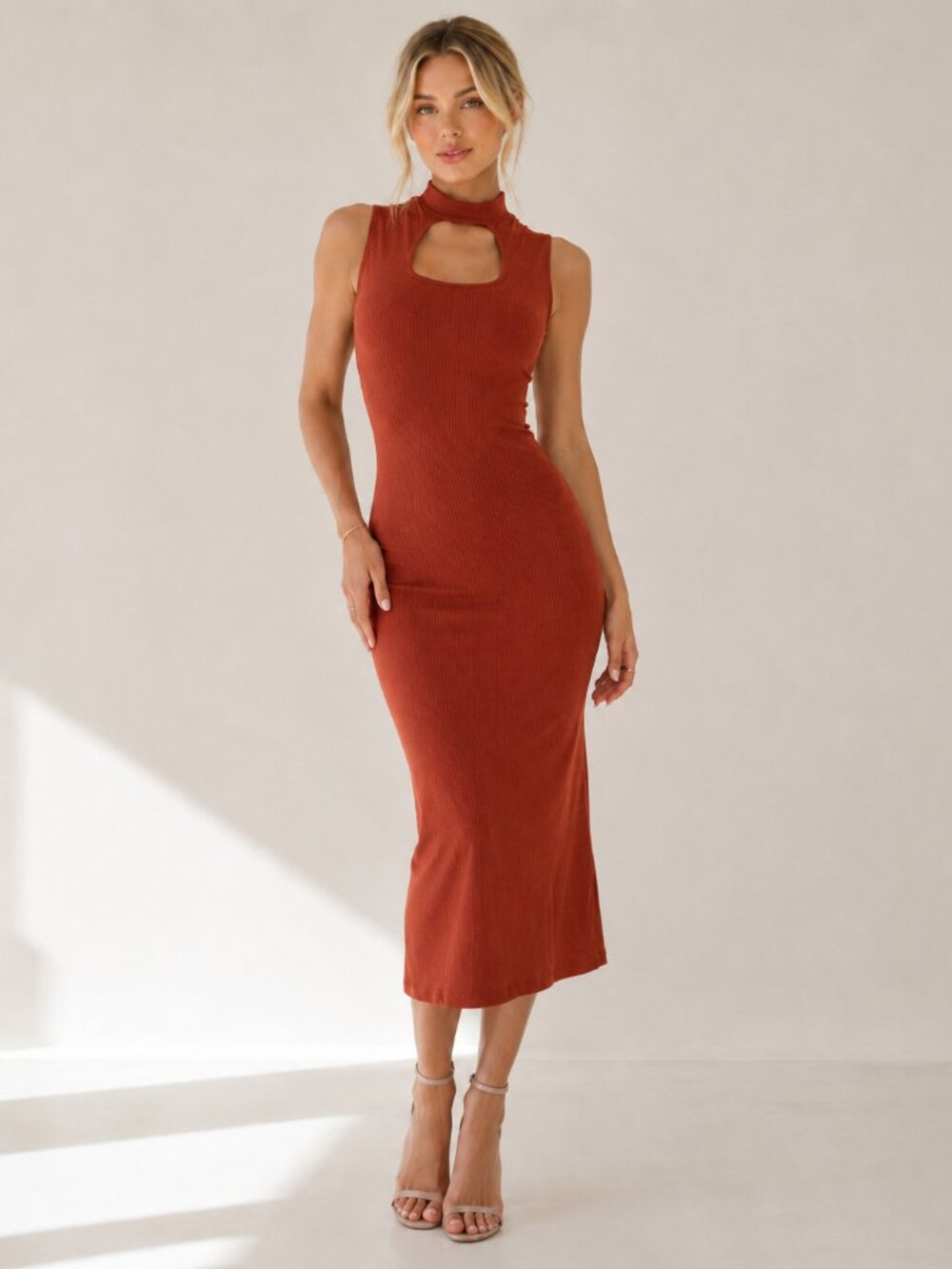 Derek Heart Dress Sleeveless Midi Side Slit Burnt Orange Small